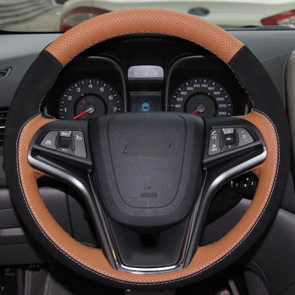 

hand-stitched car steering wheel cover orange genuine leather black suede for chevrolet malibu 2011-2014