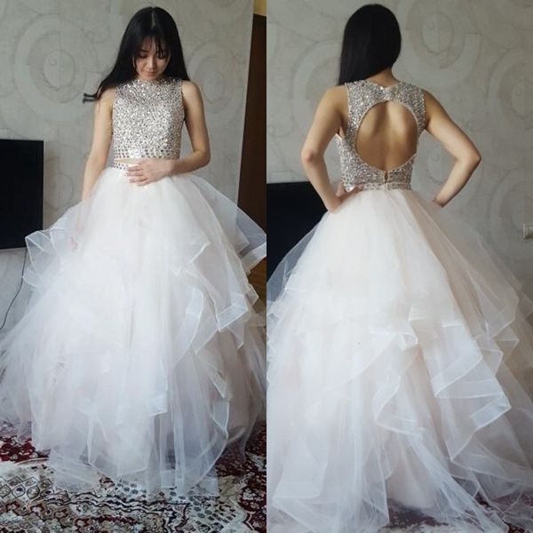 Hüsniye Moda Wear Zarif Ağır Boncuk Gelinlik 2018 Şık Afrikalı İki Adet Kristalleri Backless Parti Elbise Kabarık Tül A-Line Biçimsel