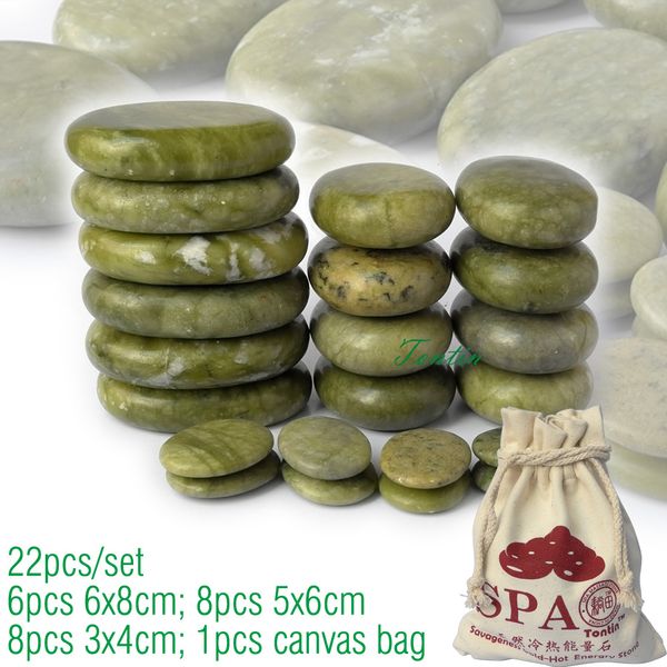 

new 22pcs/set green jade body massage hot stone SPA with canvas CE and ROHS 8pcs(5x6)+6pcs(6x8)+8