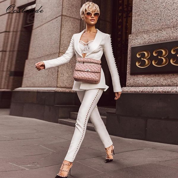 

wholesale-ocstrade 2018 new elegant formal white pants suit womens two piece sets runway fashion ladies pantsuit, White;black