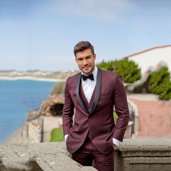 

2018 burgundy wedding suits for men wine red shawl lapel men's jacket formal blazer prom marriage grooms male man tuxedo 3 piece, White;black