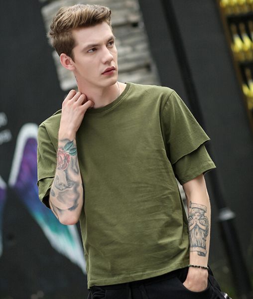 

summer solid double sleeve t-shirt men hip hop tshirts urban kpop tee shirts mens clothing with strip, White;black