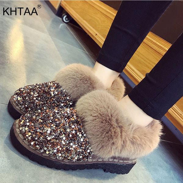 

winter women sonw boots warm fur plush bling sequined cloth sewing fshion female shoes flat non-slip round toe keep warm ladies, Black