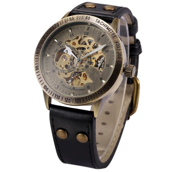 

fashion men bronze antique leather self widing wrist watch steampunk skeleton power automatic male mechanical watches, Slivery;brown