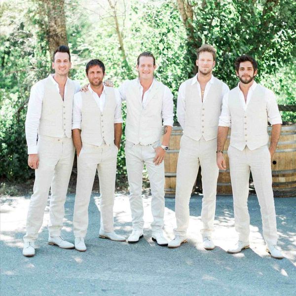 Custom Made Ivory Linen Men Suits For Wedding Beach Casual Groomsmen Wear Slim Fit Bridegroom Best Man Blazer Jacket Pant Vest Formal Mens Clothes
