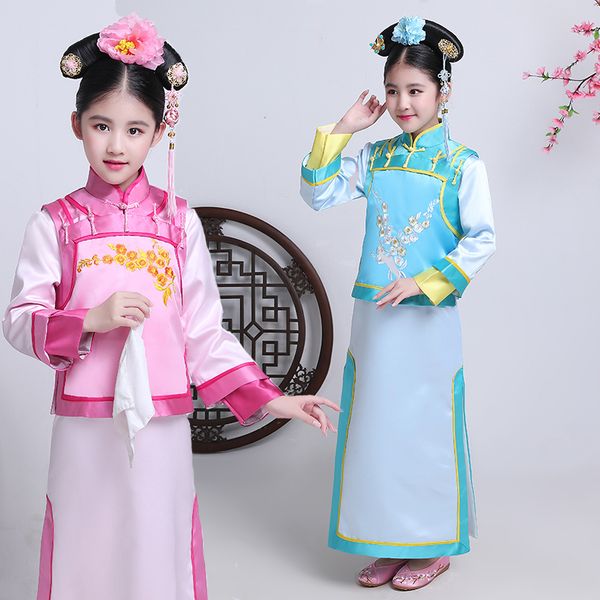 

children qing dynasty dramaturgic dress chinese traditional kids ancient infanta costume lovely girls dande wear cosplay, Black;red