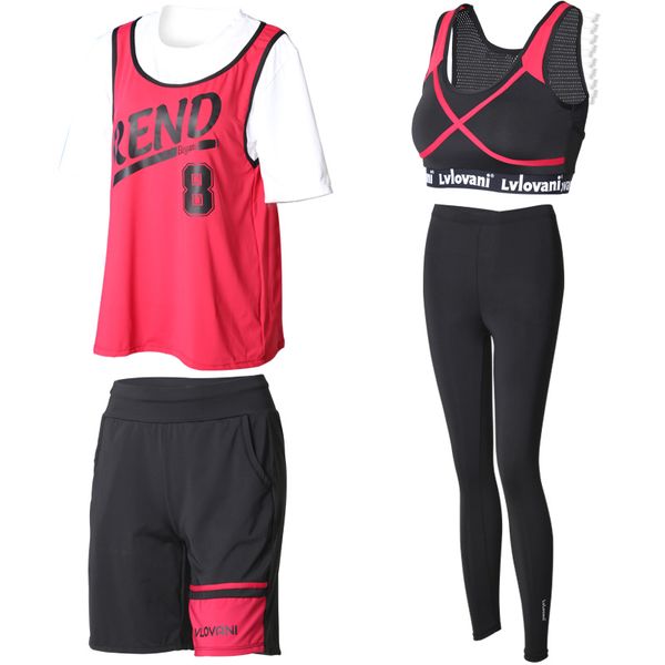 

4 in 1 set fitness women yoga set solid bra & pants & t-shirts shorts gym clothes sport wear training suit running outdoor jog, White;red