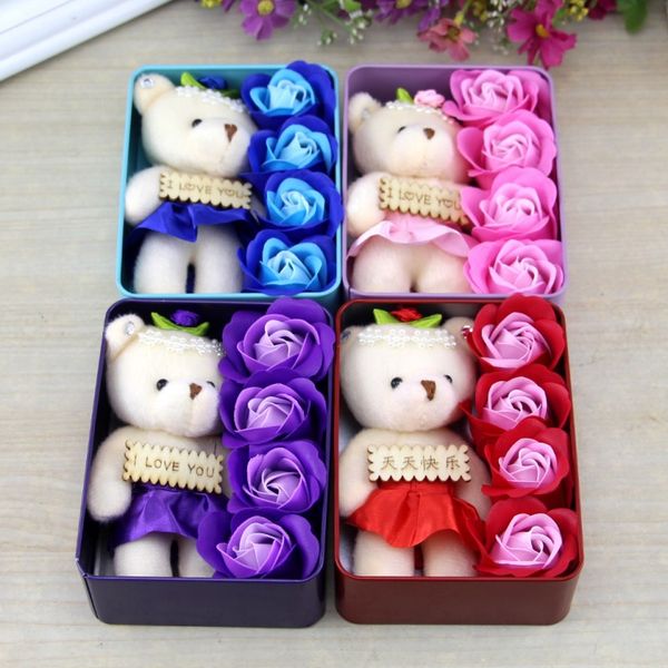 

romantic rose soap flower with little cute teddy bear doll 4pcs box gift for valentine day for wedding birthday mall promotion gifts