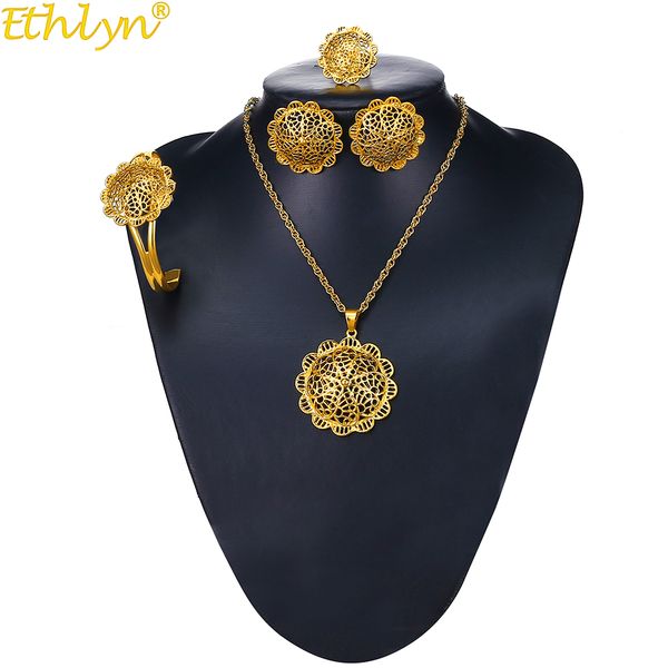 

ethlyn jewelry gold color ethiopian pendant necklace bangle earring ring jewelry accessories 4pcs bridal wedding sets s220, Slivery;golden