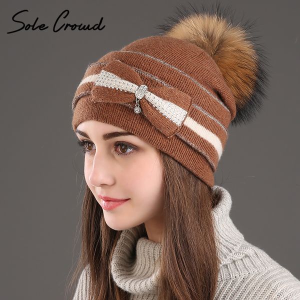 

sole crowd] winter warm bow wool knitted hats women fashion pompom hats made of natural real raccoon fur caps female beanie hat, Blue;gray