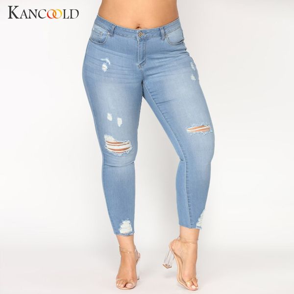 

kancoold jeans women plus size ripped stretch slim denim skinny jeans pants high waist trousers casual woman 2018oct24, Blue