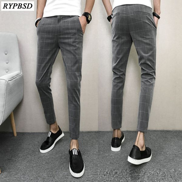 Korean Pants Men Spring Slim Fit Casual Men Plaid Pant Ankle Length Black Comfortable Clothes 2018 Brand Men's Trousers