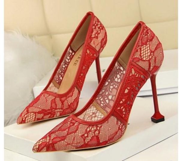 

send 2018 new style high heels shallow mouth pointed end women shoes reticulation lace fine heel wedding shoes, Black