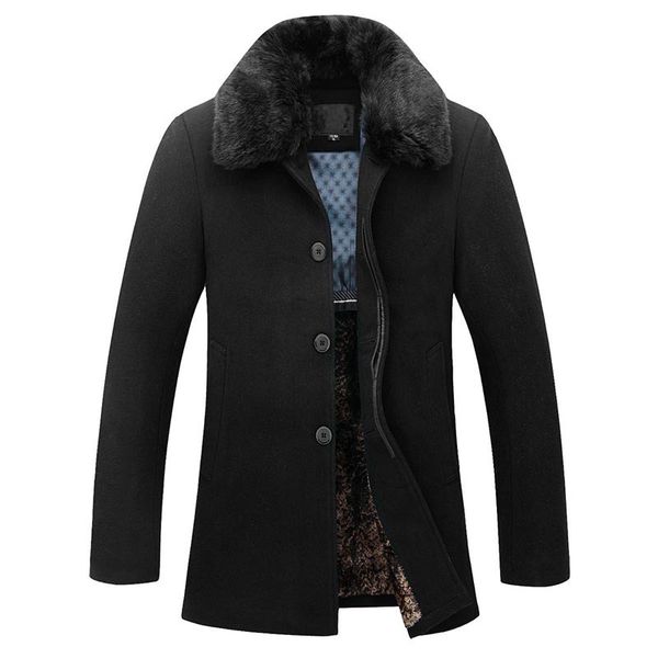 

new vogue winter men woolen coat fur collar warm thicker trench coat male solid color slim casual windbreaker jacket, Black