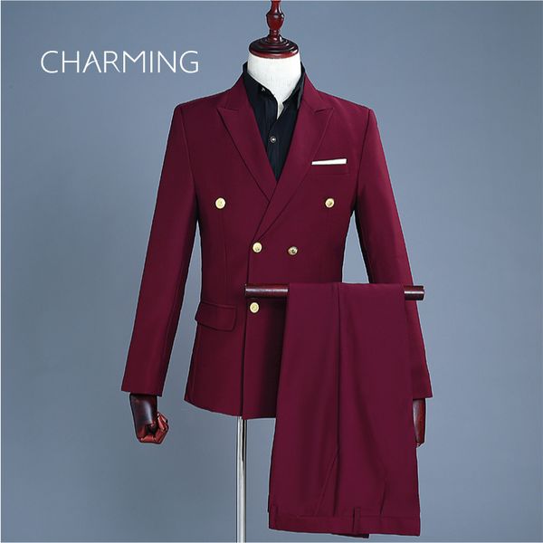 

burgundy suits for sale double row gold buckle suit set mens suitable for wedding host singers men's 2 piece suits (jacket + pants, Black;gray