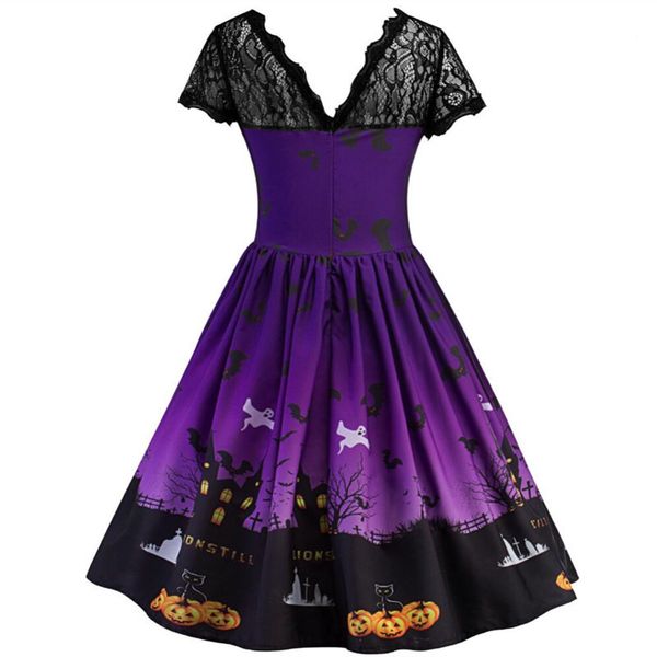 

women's short sleeve halloween retro lace vintage dress a line pumpkin swing dress party costume drop shipping, White;black