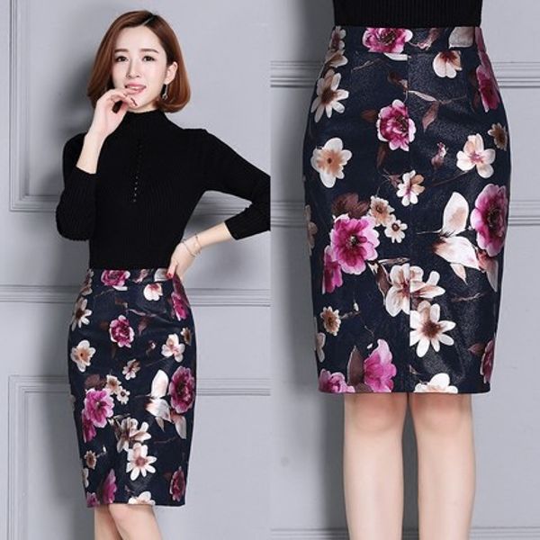 

print sheepskin leather skirt over the knee slit leather skirt, Black