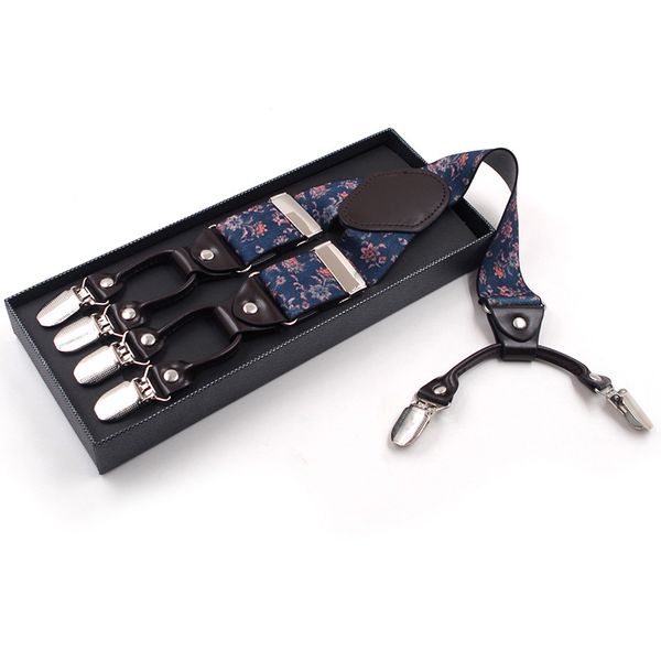

mens y type 6 clips leather straps male printed 3.5cm width suspender/suspensorio adjustable belt tirantes braces with box, Black;white