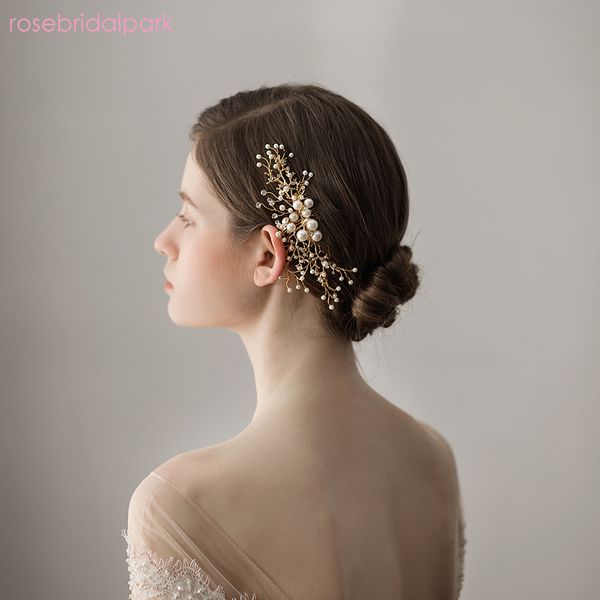

rosebridalpark vintage beaded pearls bridal hair comb pins crystal wedding head piece headdress women party accessories jewelry, Golden;white