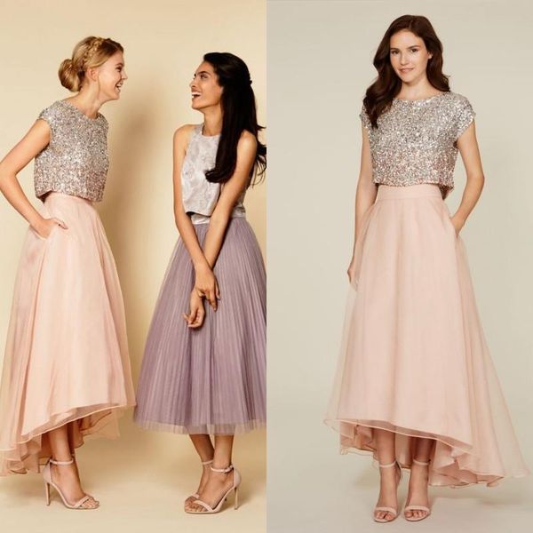 

2019 Tutu Skirt Party Dresses Sparkly Two Pieces Sequins Top Vintage Tea Length Short Prom Dresses High Low Bridesmaid Dresses with Pockets
