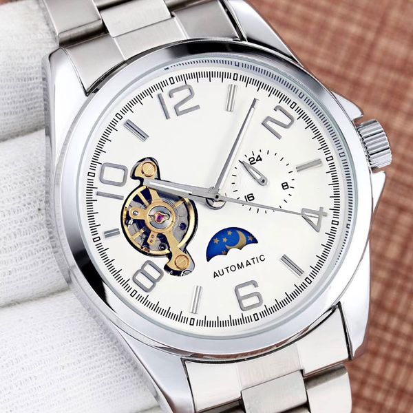 

brand men watch luxury subdial work moon phase flywheel mechanical automatic waterproof male wirst watches for men's valentine gift 201, Slivery;brown
