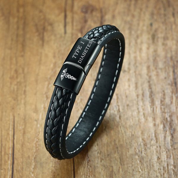 

type 1 diabetes medical alert bracelet emergency remind jewelry black genuine leather, Golden;silver