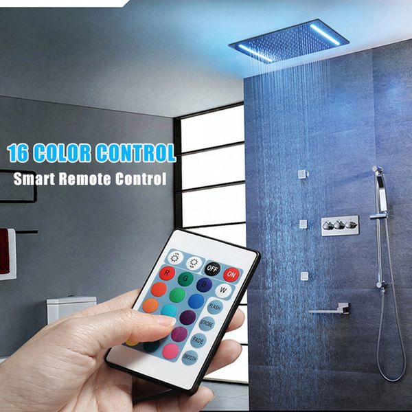 

16 colors shower panel rainfall shower screen remote control led light massage spa jet three handles mixer tap sink faucet set