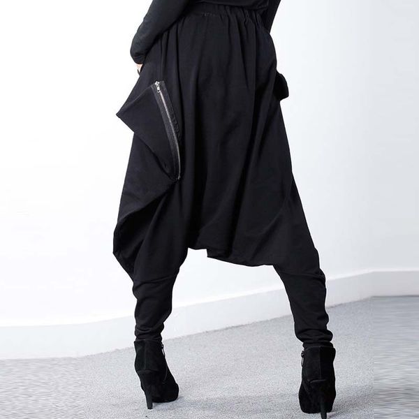 

zanzea women black elastic waist baggy low-crotch trousers pockets irregular gothic long pantalon hip-hop harem pants plus size, Black;white