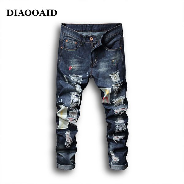 

2018 new skinny jeans men ripped for mens distressed mid waist straight patchworked patches male skinny personality pants, Blue