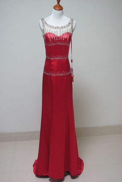 

beaded scoop neck satin evening dresses with illusion back new long prom gowns party dresses, Black;red