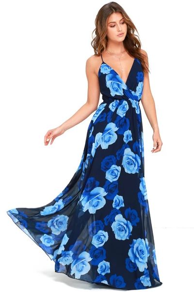 

Sexy Women Deep V Neck Dress Floral Printed High Waist Casual Summer Beach Dress Size S-XL