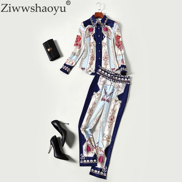 

ziwwshaoyu2018 early autumn set european and american high-end fashion retro print bead diamond shirt +trousers two pieces suits, Gray