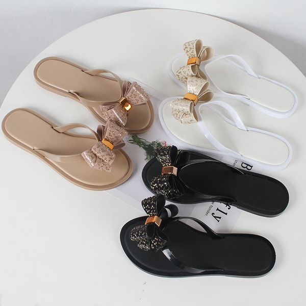 

2018 autumn new clip drag bow flat with casual sandals and slippers beach shoes solid color flip flops, Black