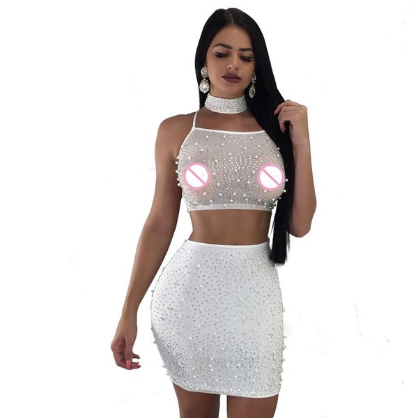 

summer women party club two piece set lace up crop skirt set mesh see-through beading pearl women 2 piece skirts, White