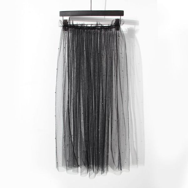 

2017 new summer harajuku style silver beaded gauze women mesh skirt, Black