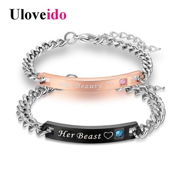

uloveido stainless steel bracelets for women and men cubic zirconia charm bracelet "her beast,his beauty" fashion jewelry sn153, Black