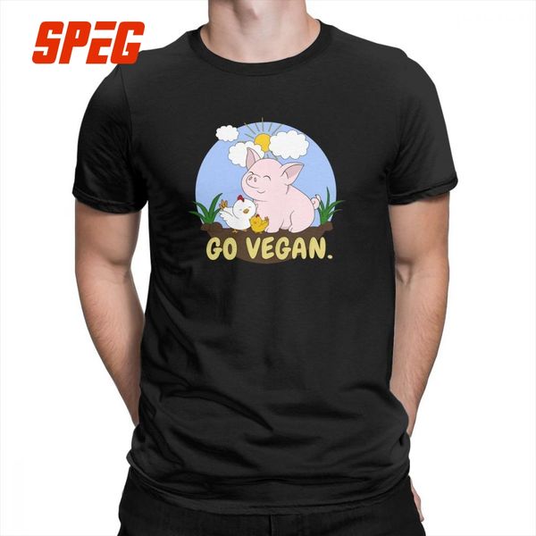 

go vegan t shirts cute pig and chicken crew neck short-sleeved design 100% cotton t-shirts mens tee shirts plus size, White;black