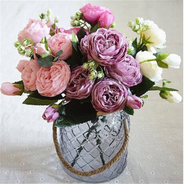 

wholesale beautiful 2018 artificial silk peony flowers bouquet fake leaf wedding party home decoration warm home romantic