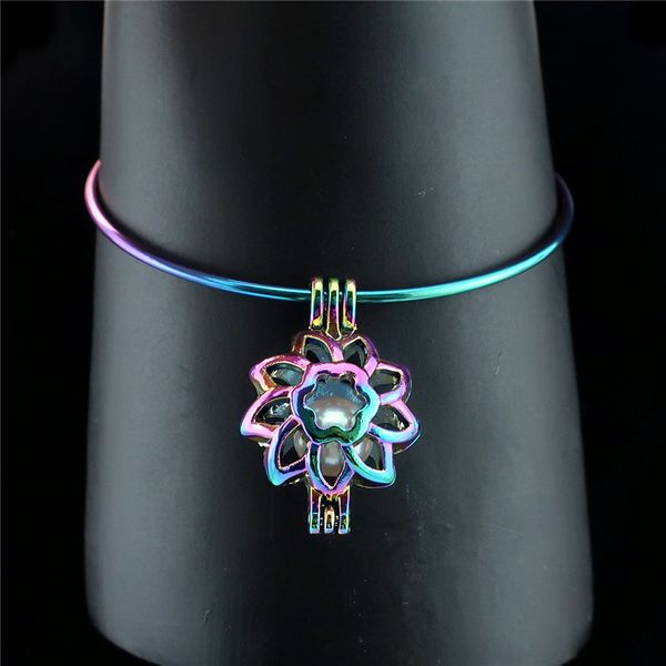 

rainbow sun flower real pearl cage bangle 65mm expandable wire steel bangles bracelet b-c249, Black