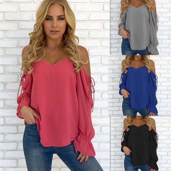 

Womens Solid Color Long Sleeve Open Cold Shoulder Chiffon Pullover T-Shirt Ladies Casual Tops Blouse Ladies T-Shirt Jumper Shirt