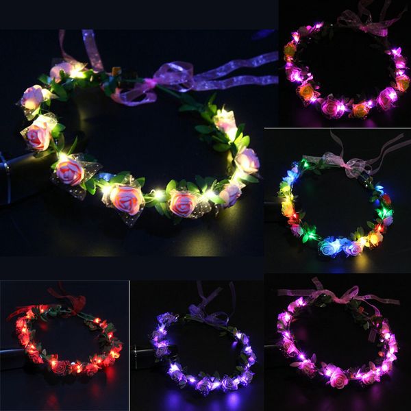 

flashing led glow rose crown headbands light party rave floral hair garland wreath wedding flower girl headpiece decor, Golden;white