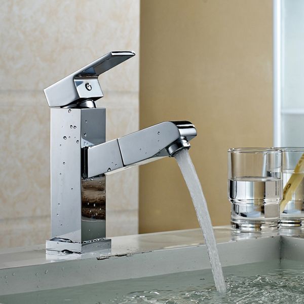 2019 Basin Faucets Pull Out Bathroom Sink Taps Chrome Finish Deck
