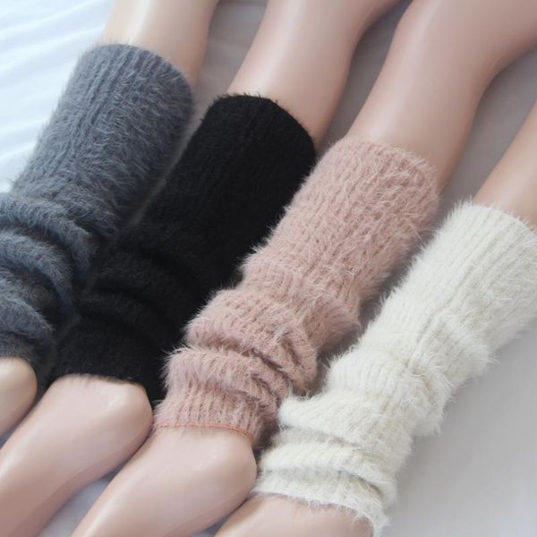 

korea style women winter warm solid soft stockings female thick over knee knitted womens gaiters beenwarmers, Black;white