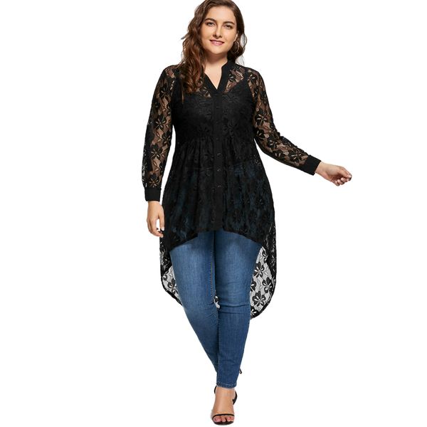 

zaful women spring plus size lace blouse women long sleeve v neck high low hem black shirts blouses fashion blusas femininas, White