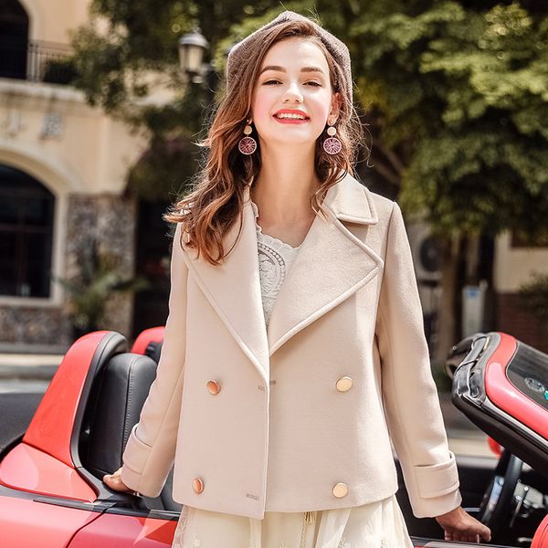 

2018 winter new women turn-down collar double-breasted solid color woolen coat temperament light cooked kf97110n, Black