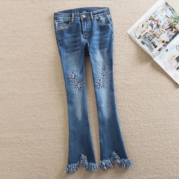 

7xl plus size 2018 fashion brand cotton flare jeans female elegant beading embroidery elasticity ankle-length denim jeans wj2196, Blue