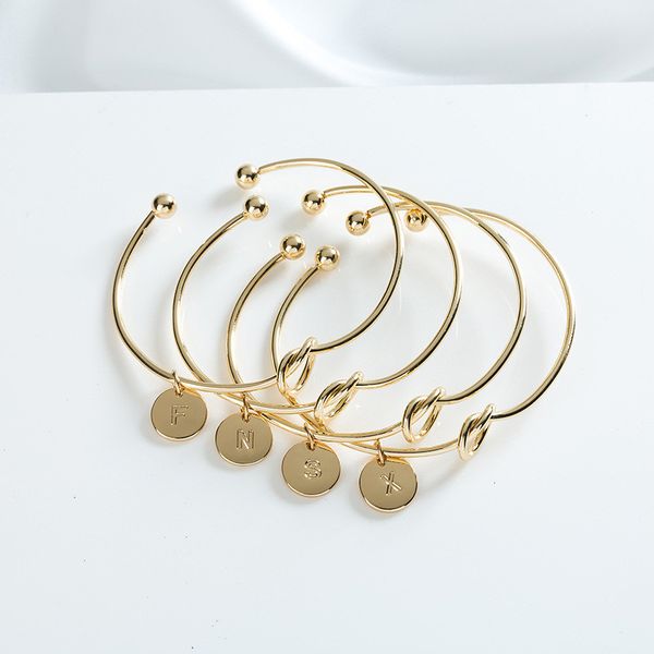 

new simple silver gold color love knot bangle open cuff bracelet with round plate letters a-z bracelet for women gift, Black