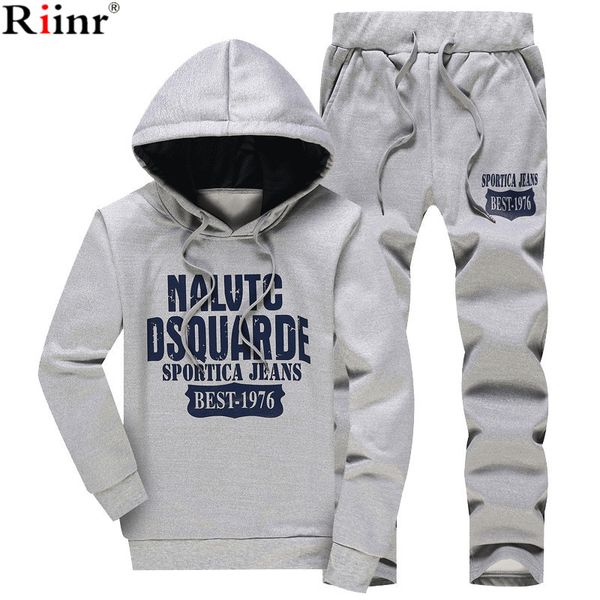 

riinr 2018 new spring men set fleece lined sweatshirt + pants male sweat tracksuit sporting suits mens survetement sportswear, Gray