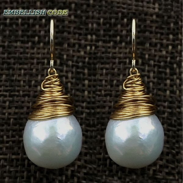 

new 2018 hand made pearls gold plated hook dangle earring baroque pearl fire ball stely tear drop shape white with gold color, Golden;silver