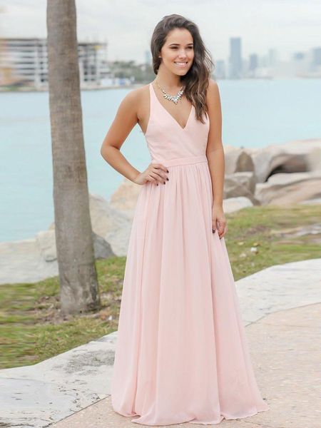 Elegante rosa longo chiffon país vestidos de dama de honra verão praia formal dama de honra vestidos feitos sob encomenda vestidos de convidados de casamento hy4050